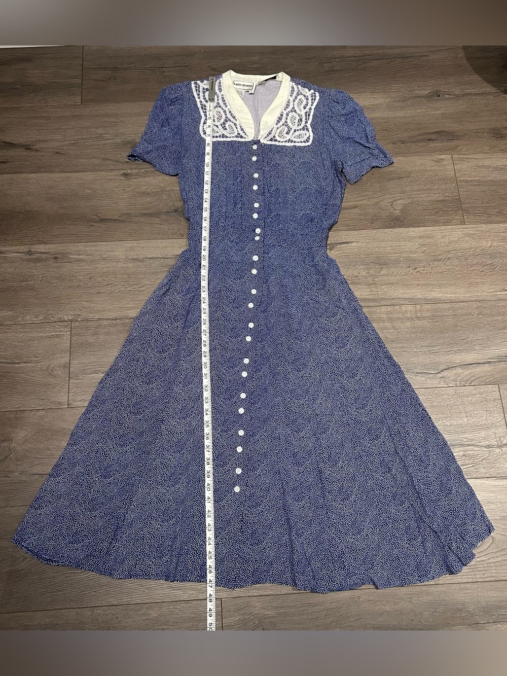 karin stevens Blue Button-Front Midi Dress with White Lace Collar